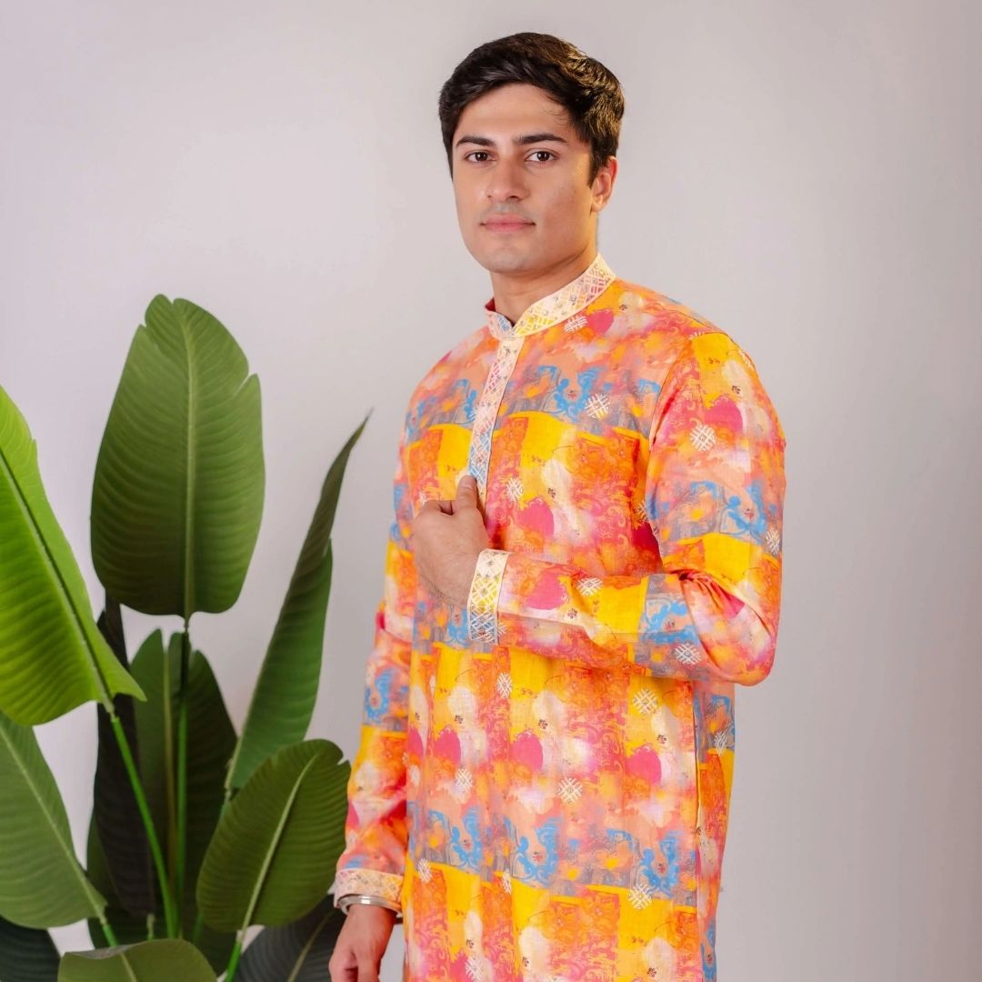 Suutraa Men's Multiprinted Linen CP Kurta - suutraa.com