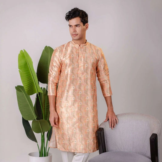 Suutraa Men's Rose Gold Silk Printed Kurta - Suutraa Men