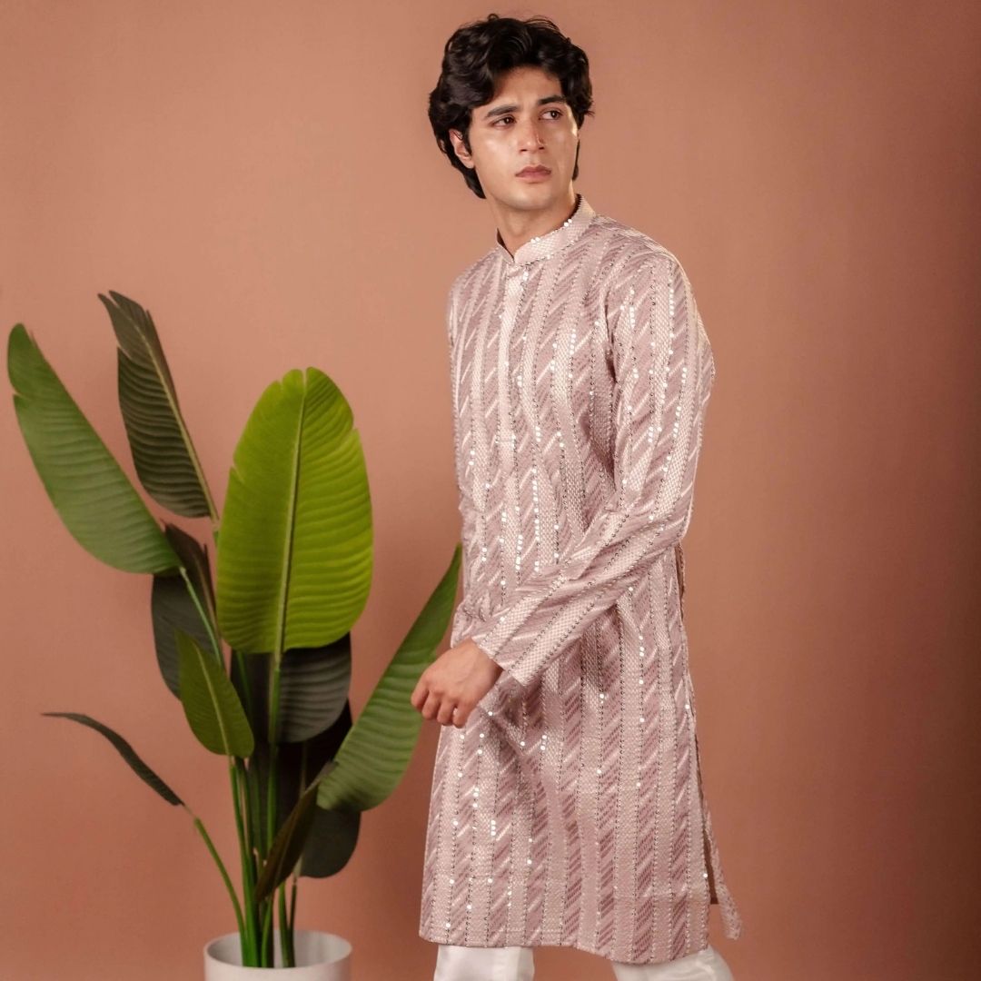 Suutraa Men’s Lavender Silk all over Embroided Kurta - suutraa.com