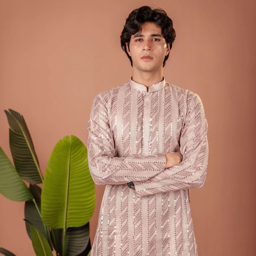 Suutraa Men’s Lavender Silk all over Embroided Kurta - suutraa.com