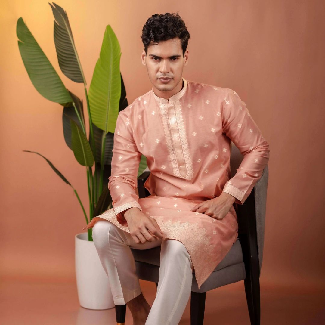 Suutraa Men's Pink Silk Kurta with Neck Emb - suutraa.com