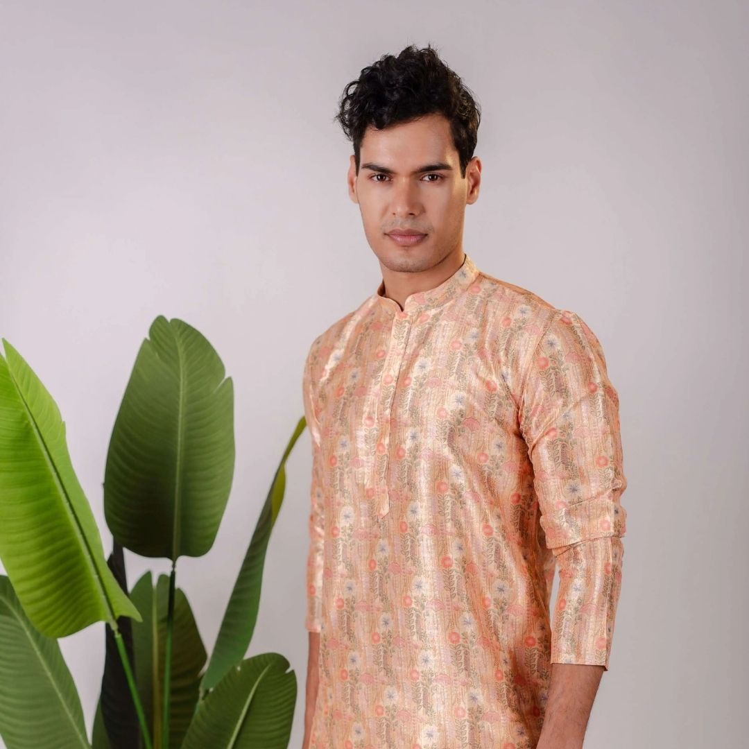 Suutraa Men's Rose Gold Silk Printed Kurta - Suutraa Men