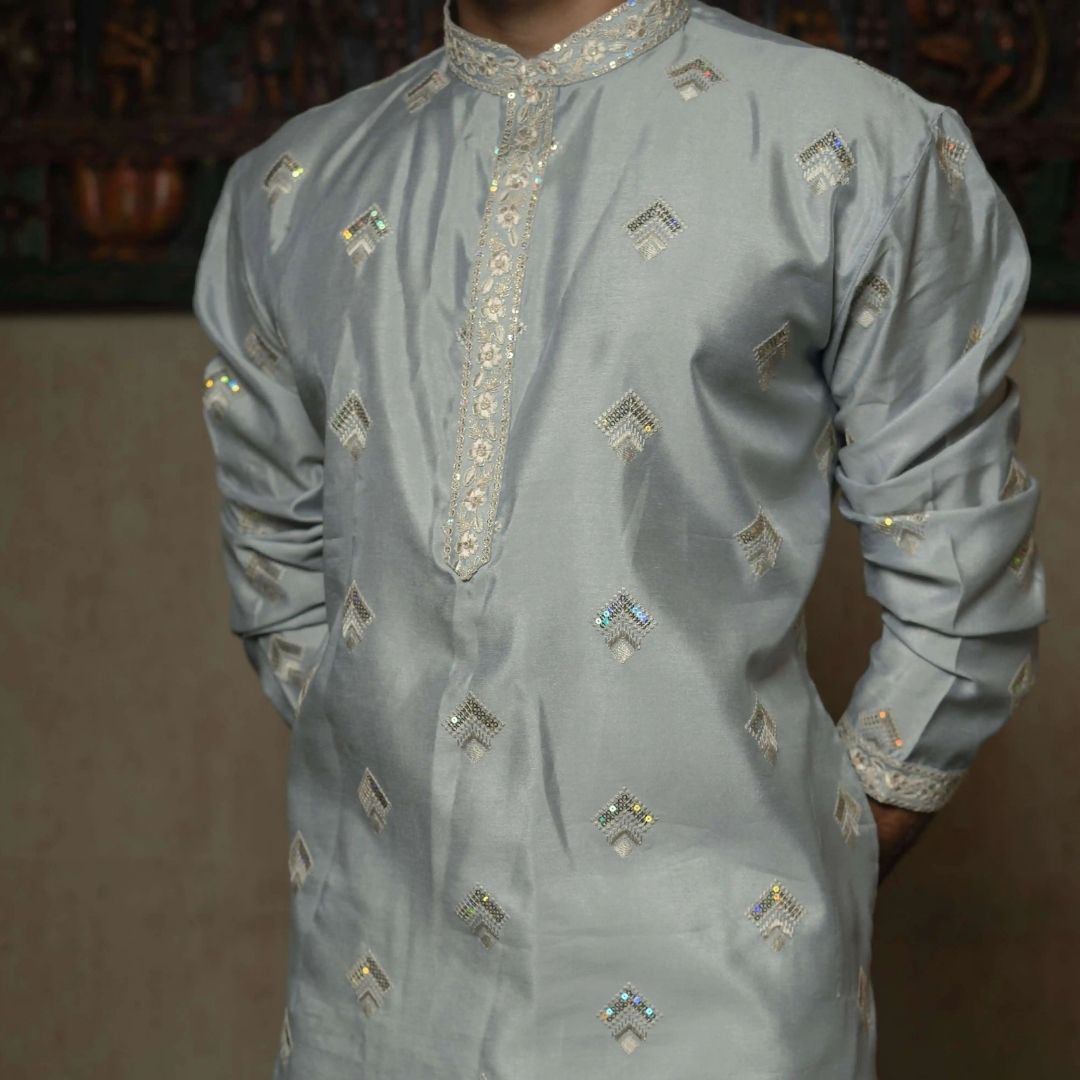 Suutraa Men’s Blue Silk all over Embroided Kurta - suutraa.com