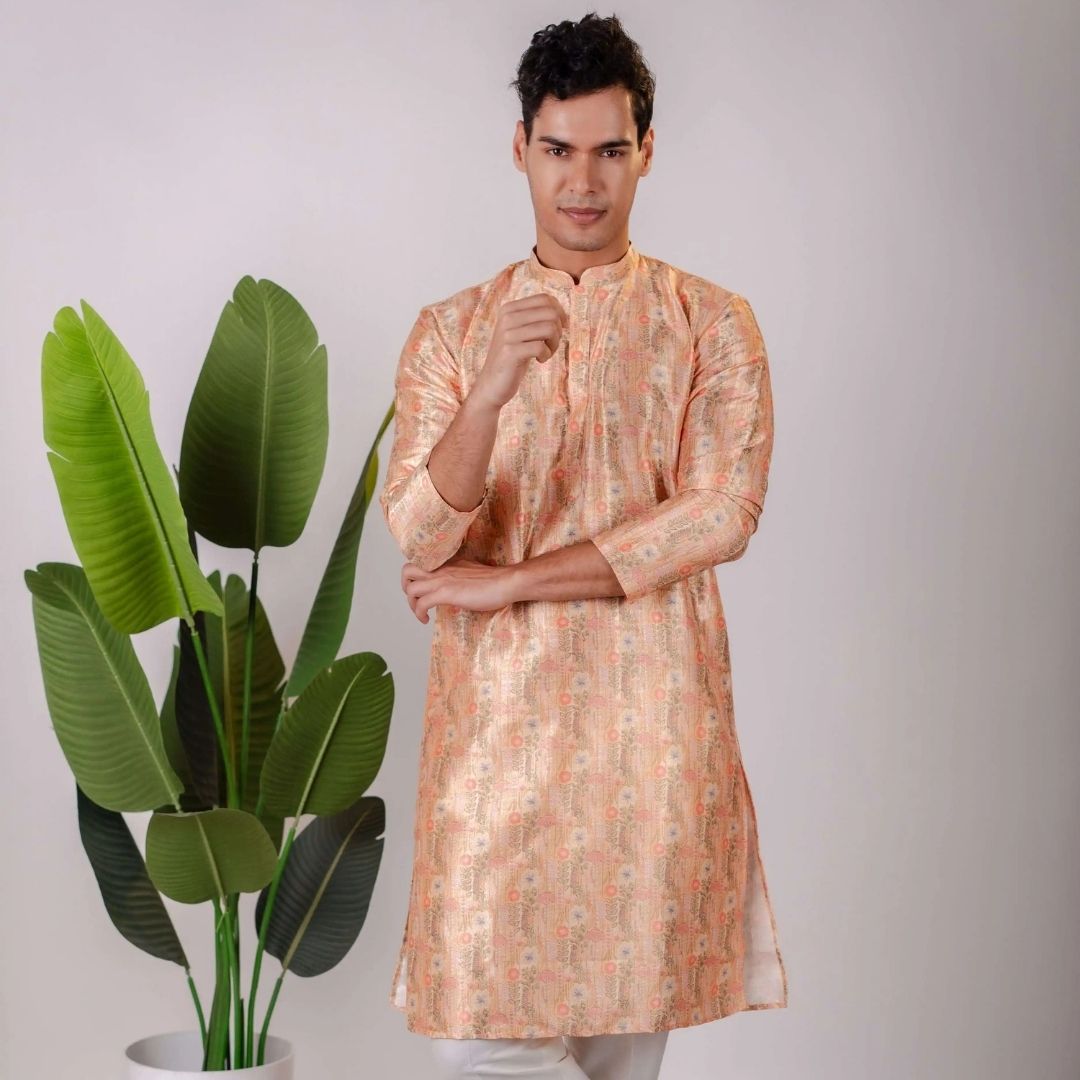 Suutraa Men's Rose Gold Silk Printed Kurta - Suutraa Men