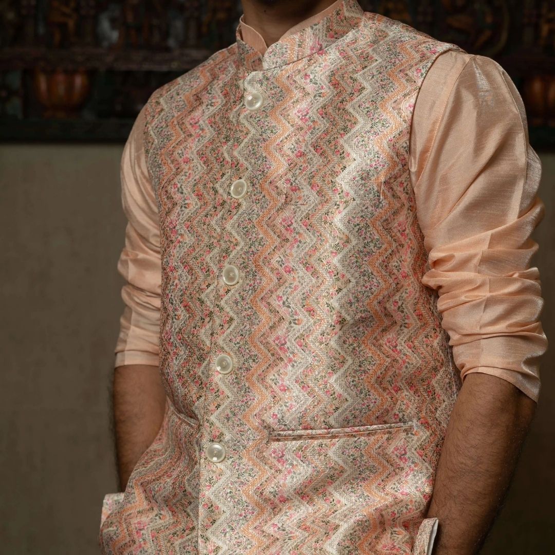 Suutraa Men"s Designer Peach Silk Kurta Pyjama Jacket Set - suutraa.com