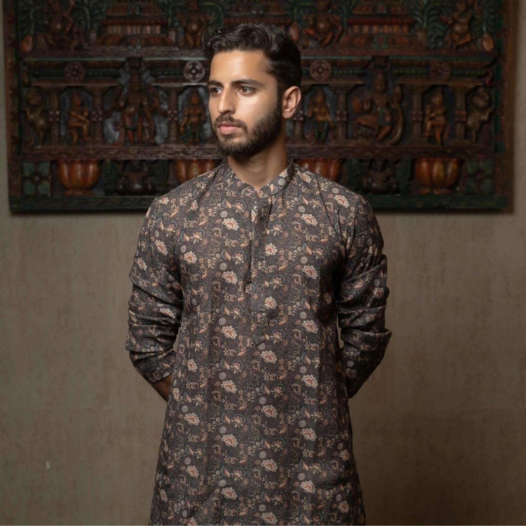 Suutraa Men’s DARK MEHANDI COLOUR PRINTED KURTA WITH BP NECK - suutraa.com