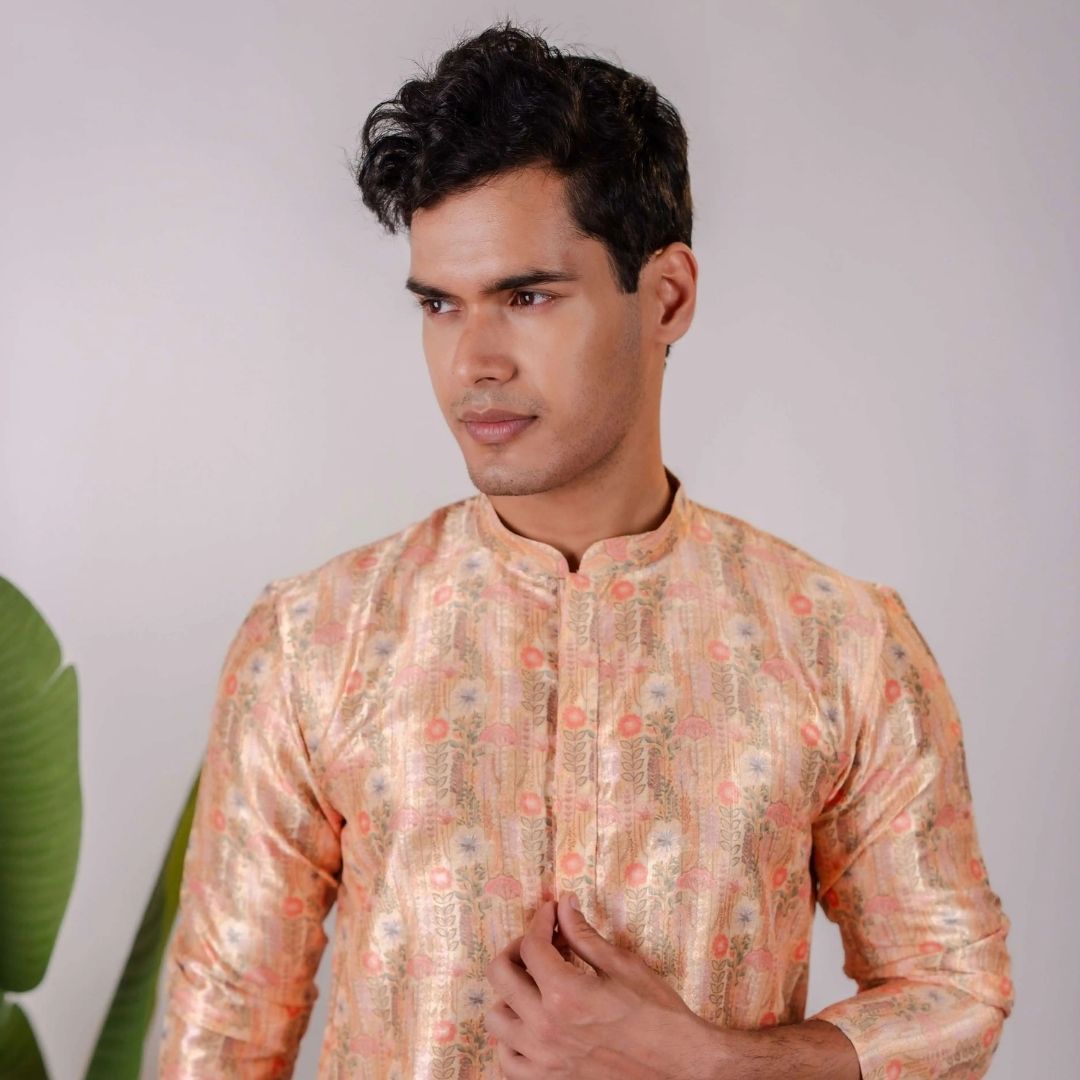 Suutraa Men's Rose Gold Silk Printed Kurta - Suutraa Men
