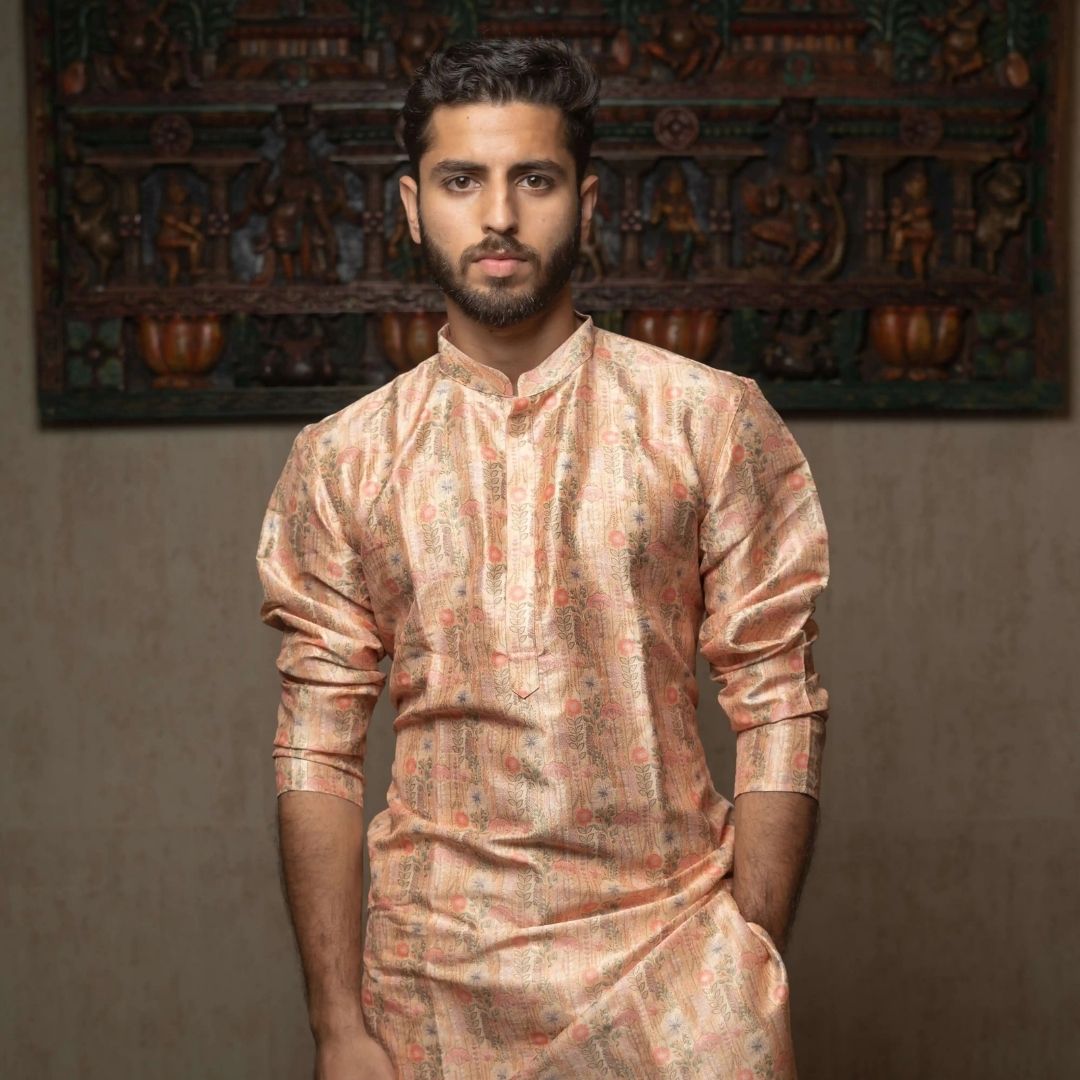 Suutraa Men's Rose Gold Silk Printed Kurta - Suutraa Men