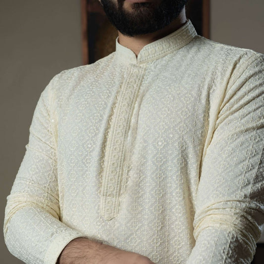 Suutraa Men's Cream Chikankari Kurta - suutraa.com