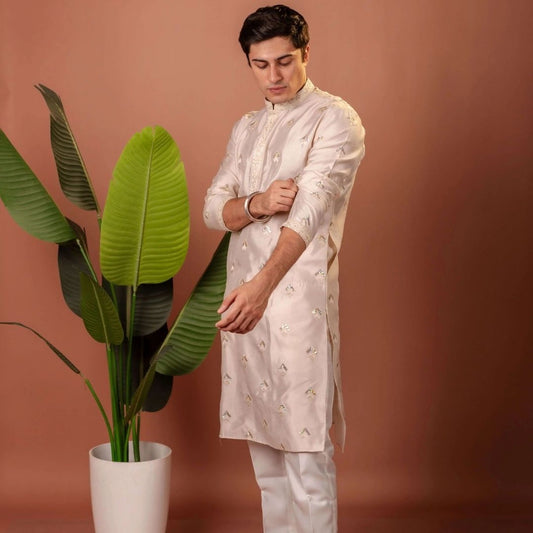 Suutraa Men's ROSE GOLD SILK ALL OVER EMBROIDED KURTA - suutraa.com