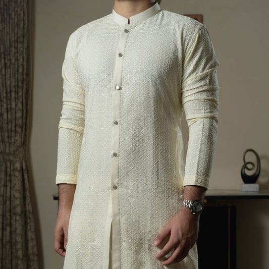 Suutraa Men's Cream Front Open Chikan Kurta - suutraa.com