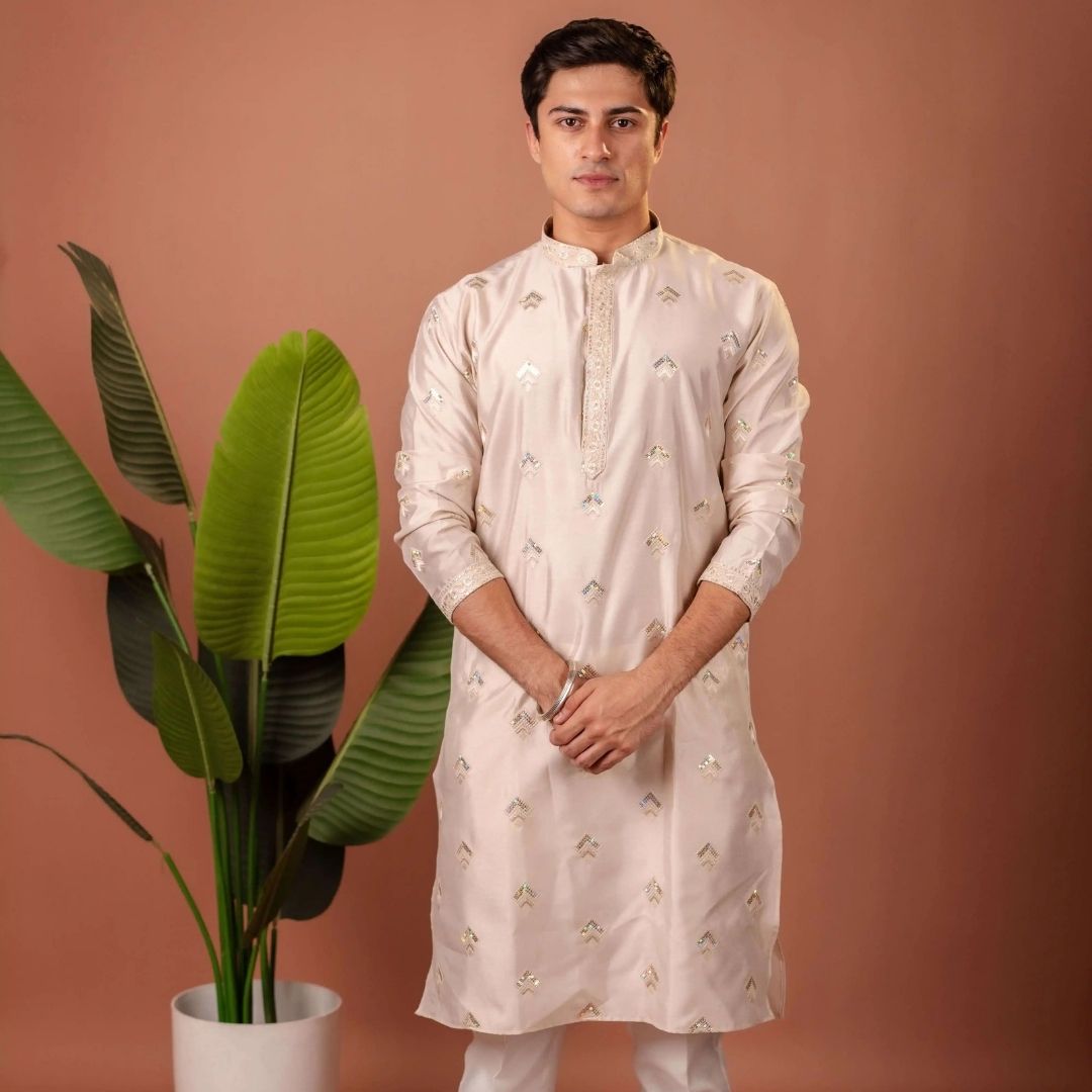 Suutraa Men's ROSE GOLD SILK ALL OVER EMBROIDED KURTA - suutraa.com