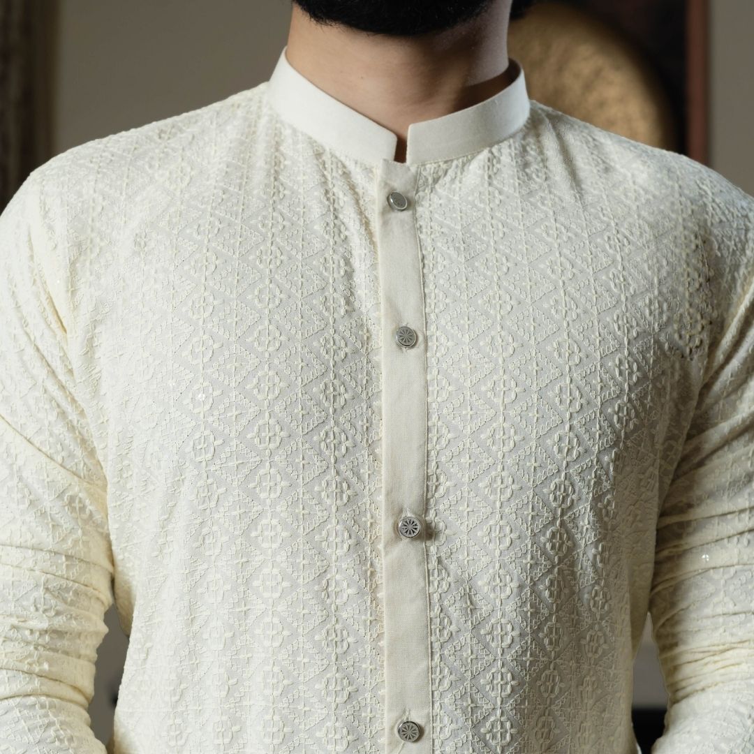 Suutraa Men's Cream Front Open Chikan Kurta - suutraa.com