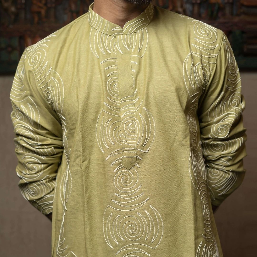 Suutraa Men's PARROT GREEN THREAD EMBROIDED KURTA - suutraa.com
