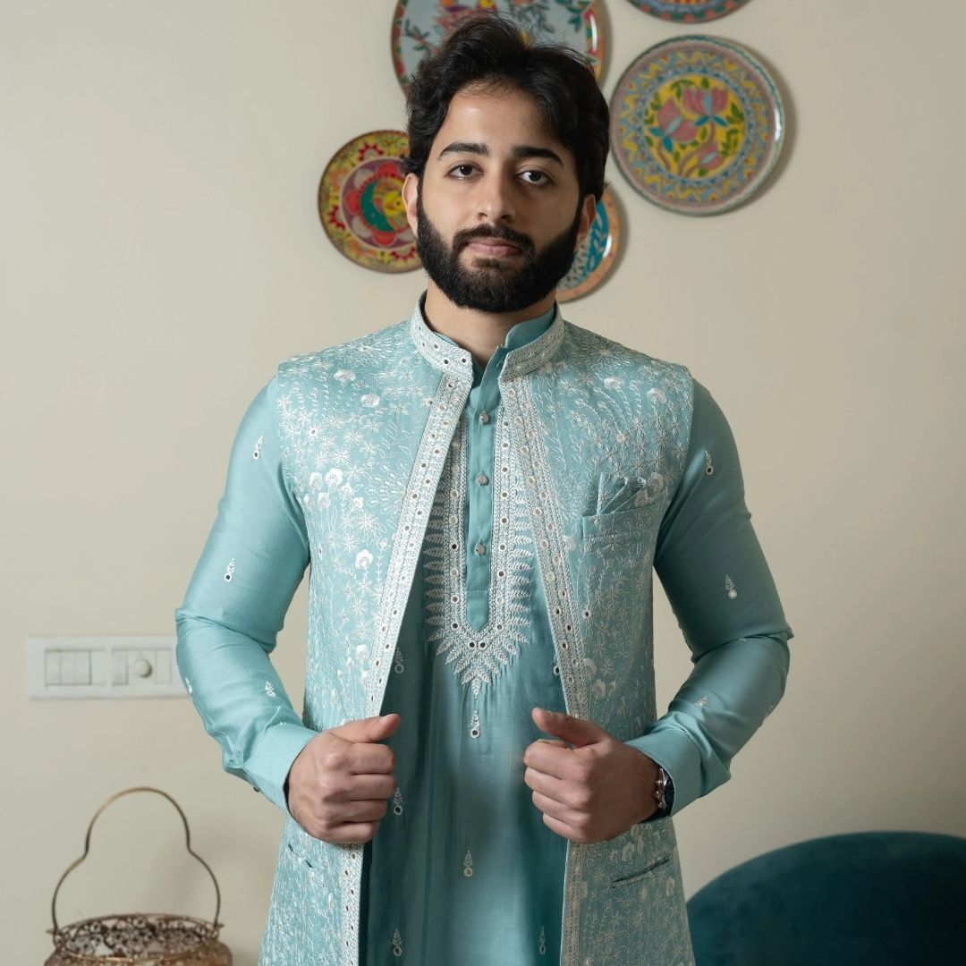 Suutraa Men's Powder Blue Kurta Jacket Set with Churidar - suutraa.com