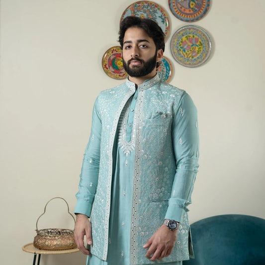 Suutraa Men's Powder Blue Kurta Jacket Set with Churidar - suutraa.com