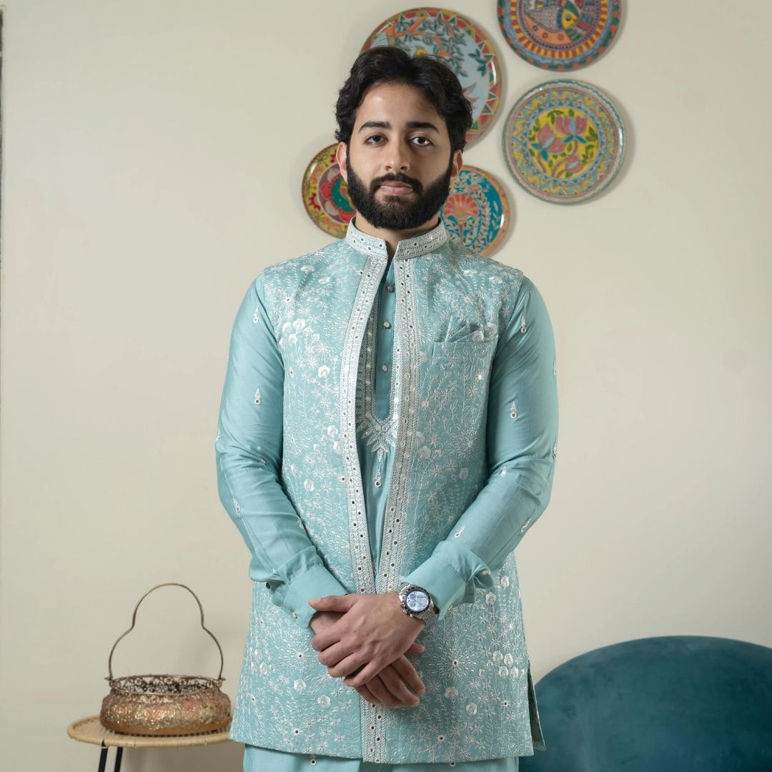 Suutraa Men's Powder Blue Kurta Jacket Set with Churidar - suutraa.com