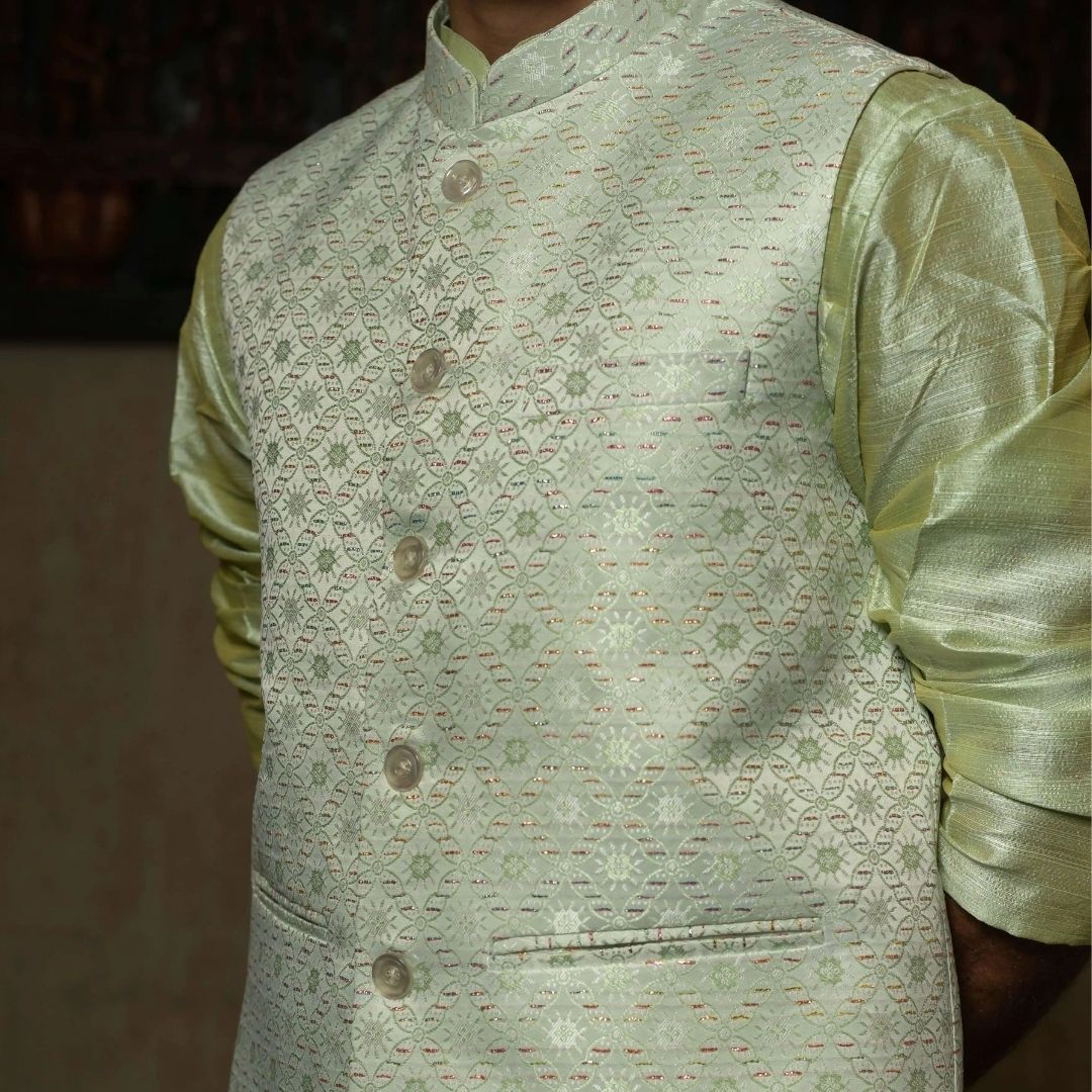 Suutraa Men's Pista Green Silk Kurta Pyjama Jacket Set - suutraa.com