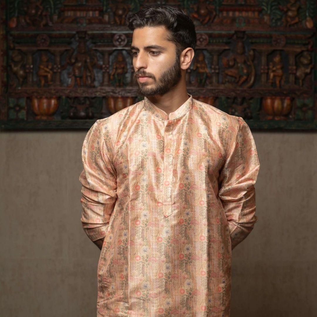 Suutraa Men's Rose Gold Silk Printed Kurta - Suutraa Men