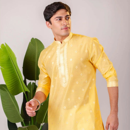 Suutraa Men's Yellow Silk Neck EMB Kurta with Off White Pyjama set - suutraa.com