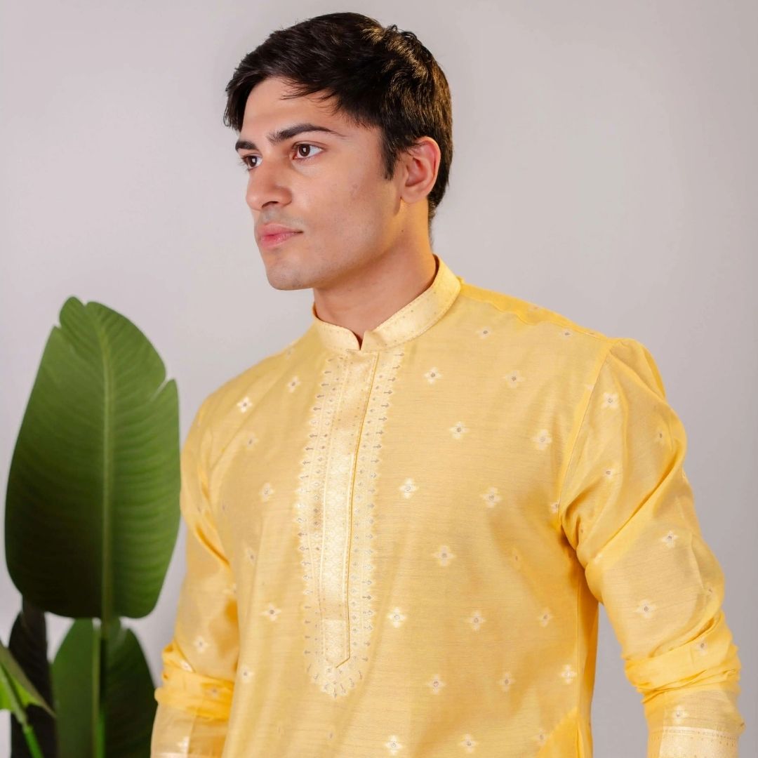 Suutraa Men's Yellow Silk Neck EMB Kurta with Off White Pyjama set - suutraa.com