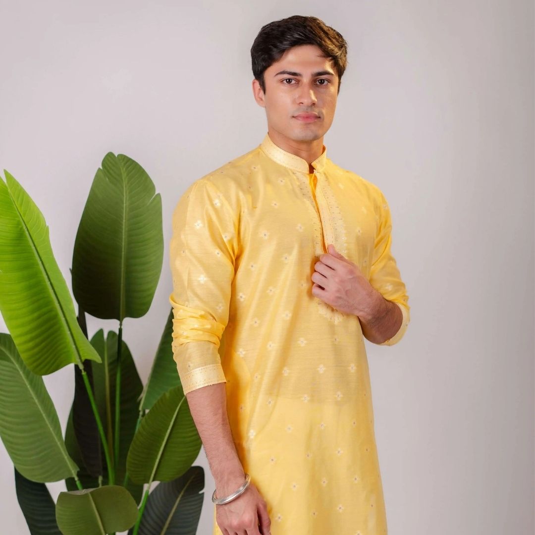 Suutraa Men's Yellow Silk Neck EMB Kurta with Off White Pyjama set - suutraa.com