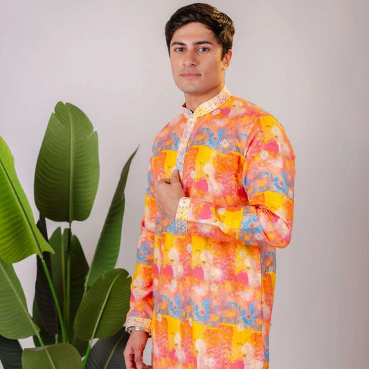 Suutraa Men's Multiprinted Linen CP Kurta With Off White Pyjama Set - suutraa.com