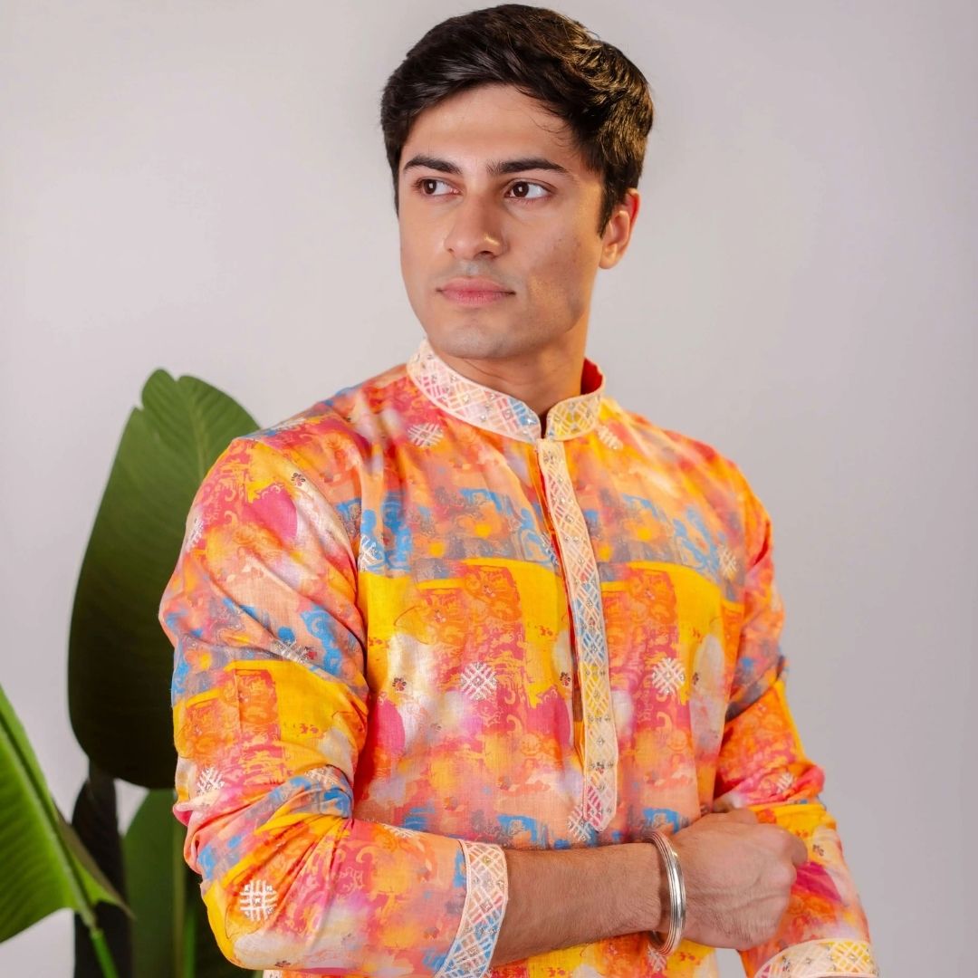 Suutraa Men's Multiprinted Linen CP Kurta With Off White Pyjama Set - suutraa.com