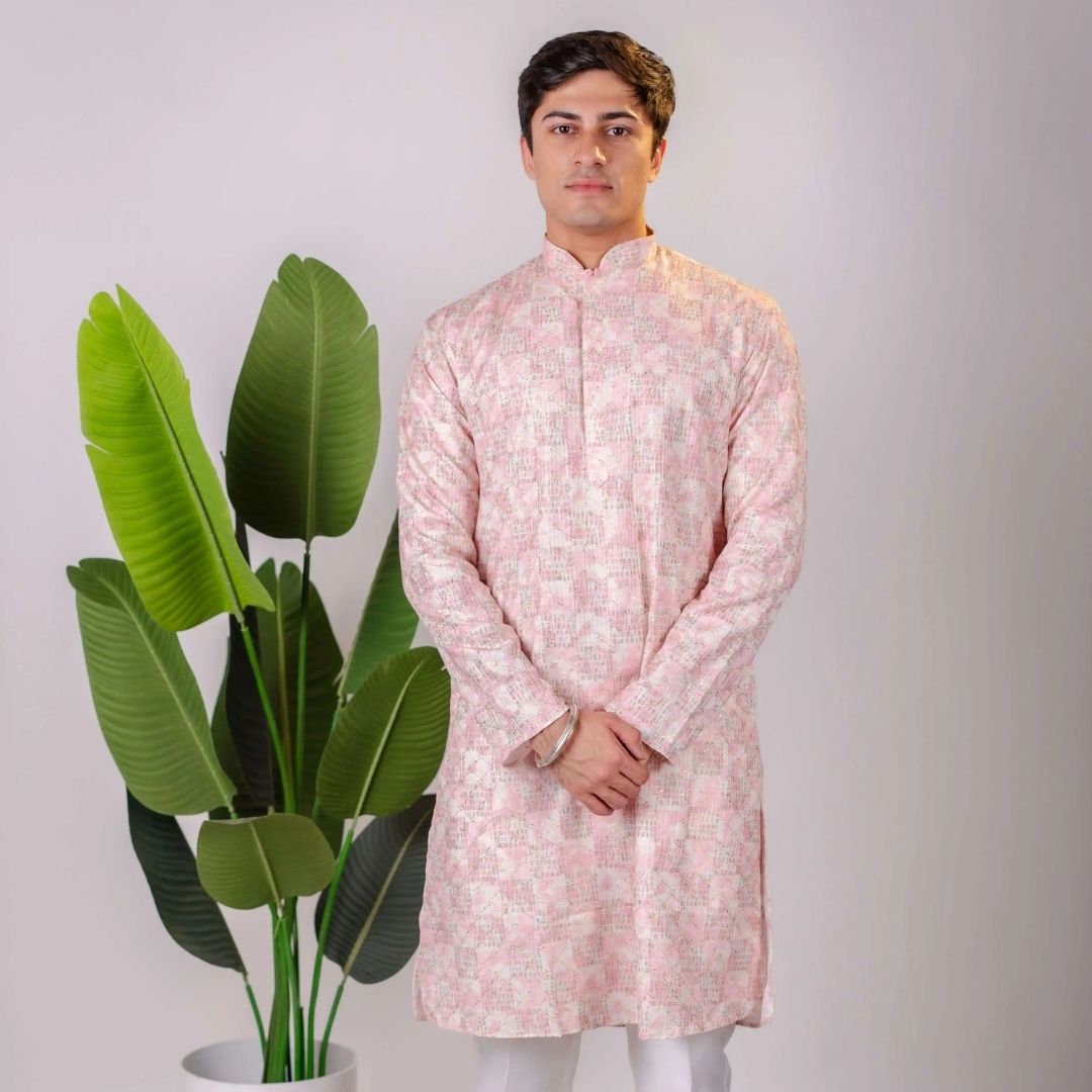 Suutraa Men's Lavender Coding Embroided Kurta With Off White Pyjama Set - suutraa.com