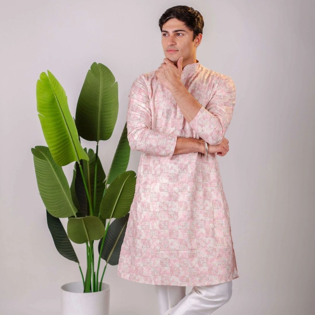 Suutraa Men's Lavender Coding Embroided Kurta With Off White Pyjama Set - suutraa.com