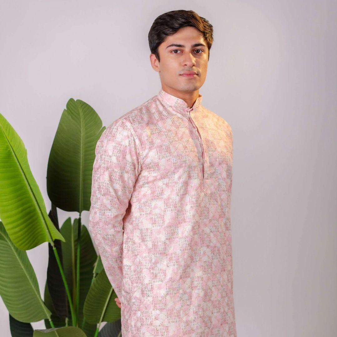 Suutraa Men's Lavender Coding Embroided Kurta With Off White Pyjama Set - suutraa.com