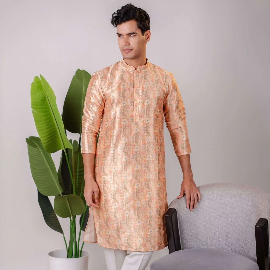 Suutraa Men's Rose Gold Silk Printed Kurta With Off White Pyjama Set - suutraa.com