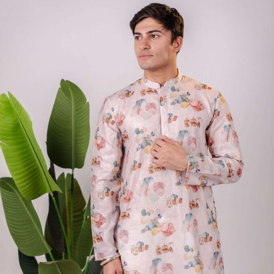 Suutraa Men's Baby Pink Linen Oil Printed Kurta With Off White Pyjama Set - suutraa.com