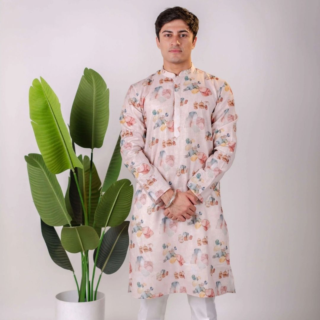 Suutraa Men's Baby Pink Linen Oil Printed Kurta - suutraa.com