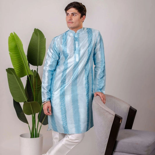Suutraa Men's Blue Silk Ombre Kurta With Off White Pyjama Set - suutraa.com