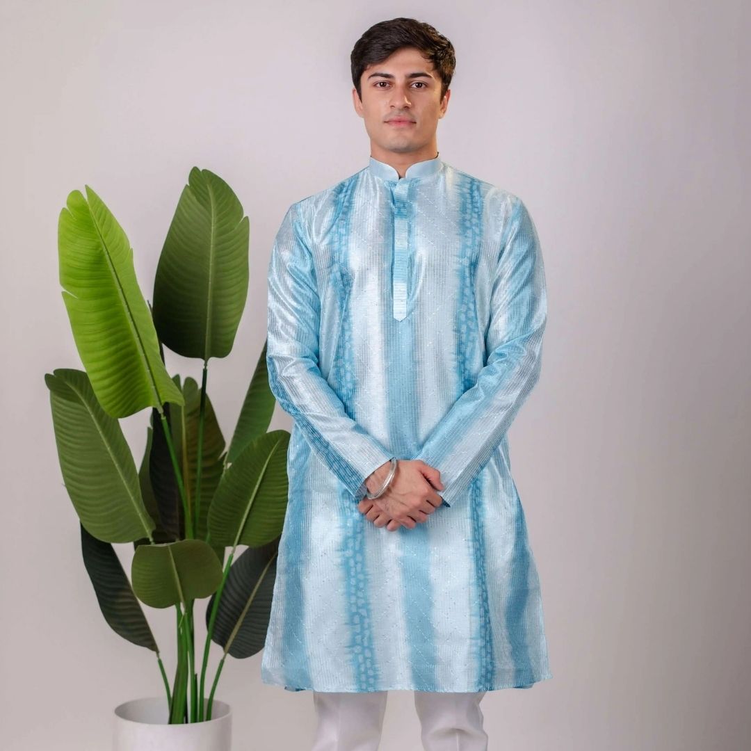Suutraa Men's Blue Silk Ombre Kurta With Off White Pyjama Set - suutraa.com