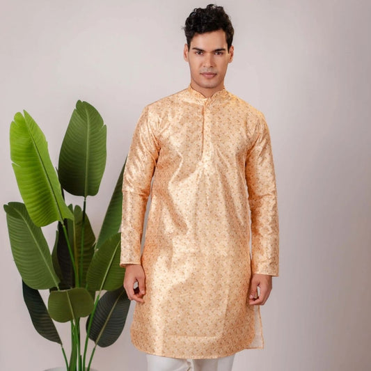 Suutraa Men's Gold Silk Printed Kurta With Off White Pyjama Set - suutraa.com