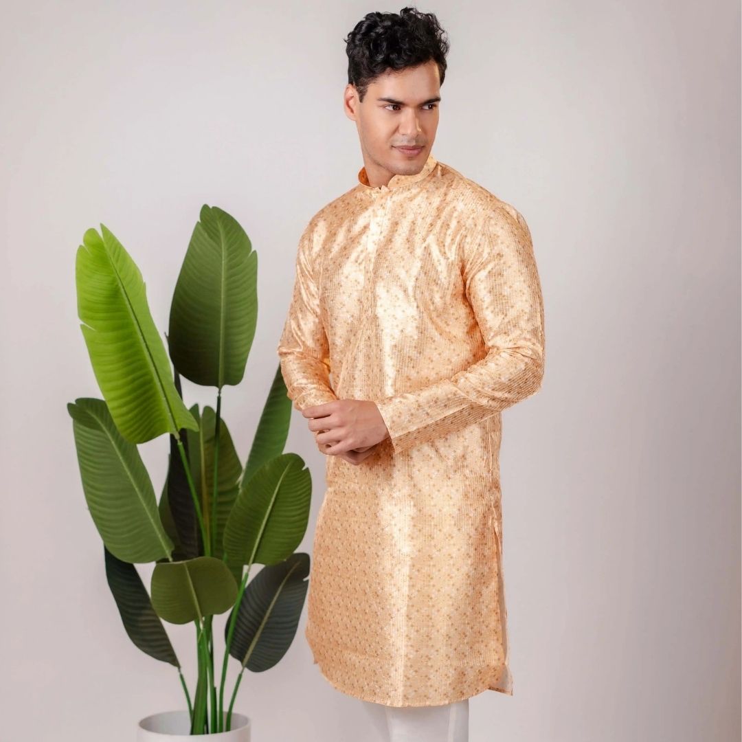 Suutraa Men's Gold Silk Printed Kurta With Off White Pyjama Set - suutraa.com