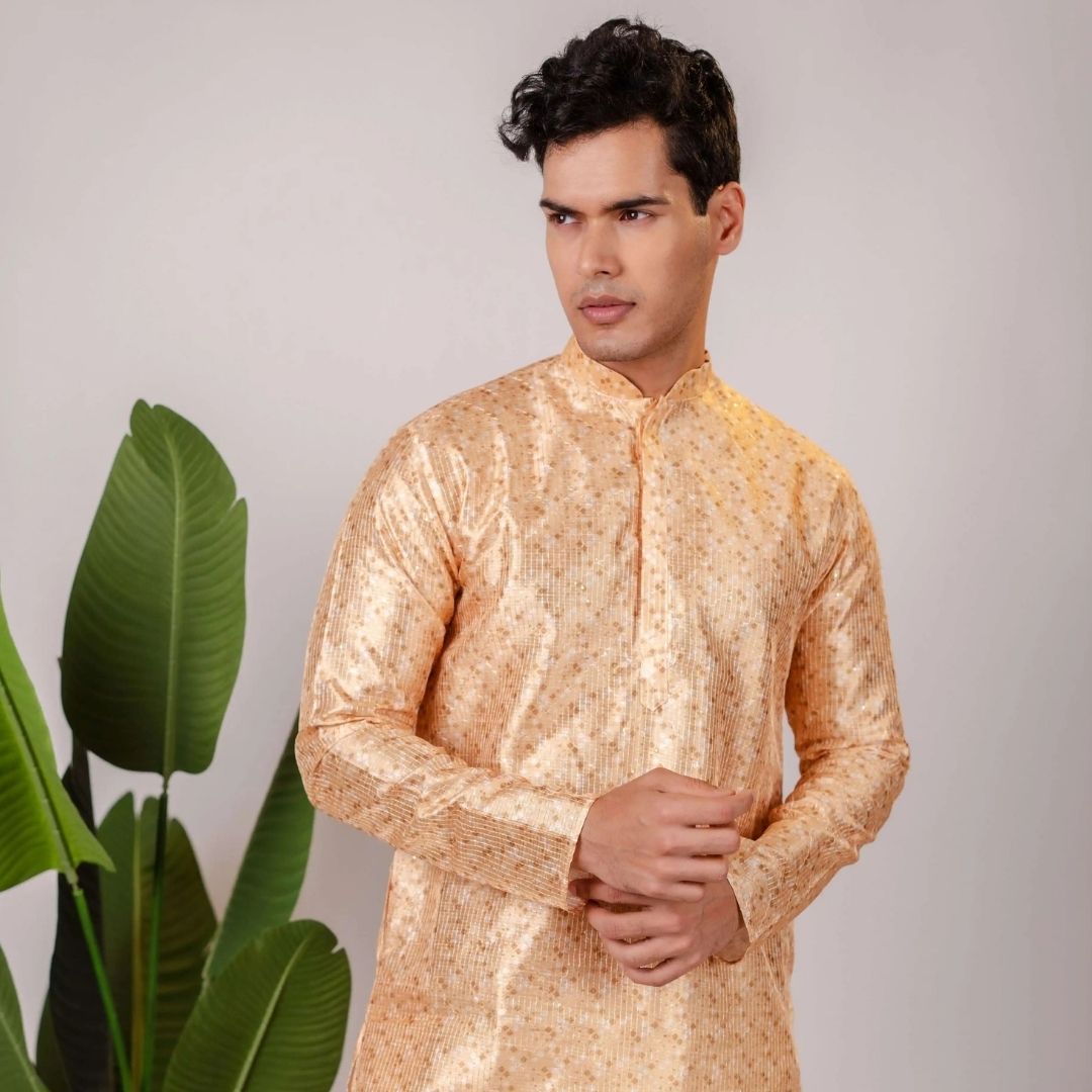 Suutraa Men's Gold Silk Printed Kurta With Off White Pyjama Set - suutraa.com