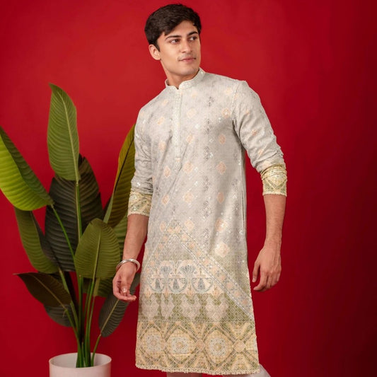 Suutraa Men's Green Figure Embroided Kurta With Off White Pyjama Set - suutraa.com