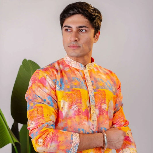 Suutraa Men's Multiprinted Linen CP Kurta - suutraa.com