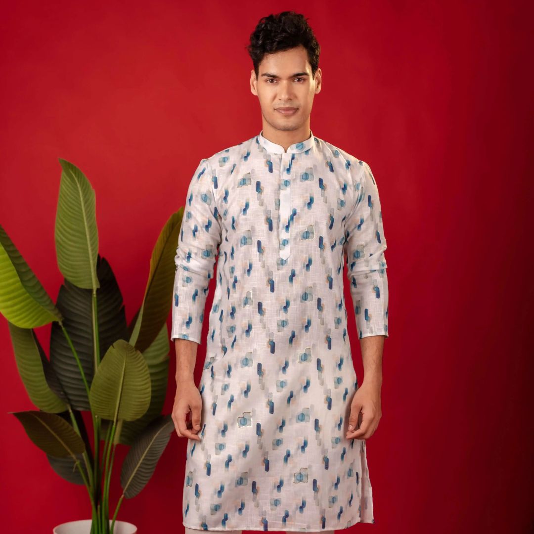 Suutraa Men's White Linen Oil Printed Kurta With Off White Pyjama Set - suutraa.com