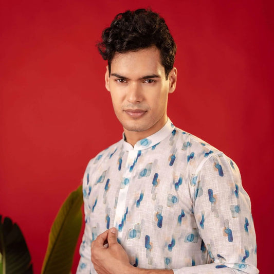 Suutraa Men's White Linen Oil Printed Kurta With Off White Pyjama Set - suutraa.com