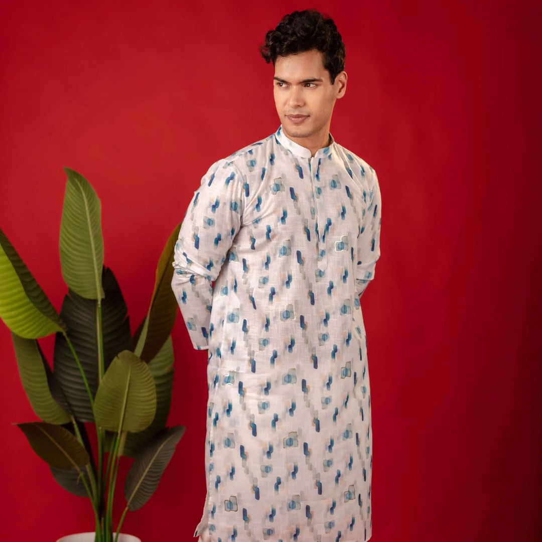 Suutraa Men's White Linen Oil Printed Kurta With Off White Pyjama Set - suutraa.com