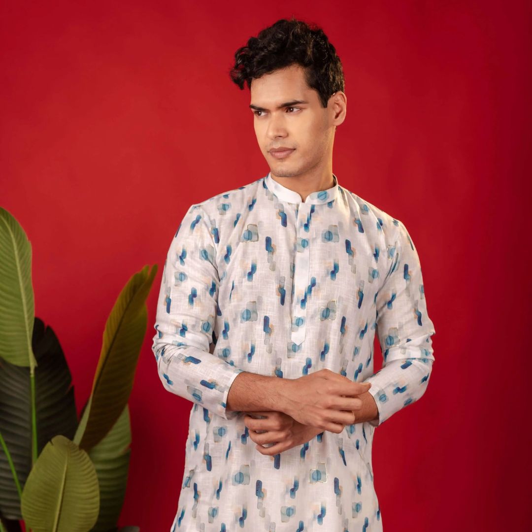 Suutraa Men's White Linen Oil Printed Kurta With Off White Pyjama Set - suutraa.com