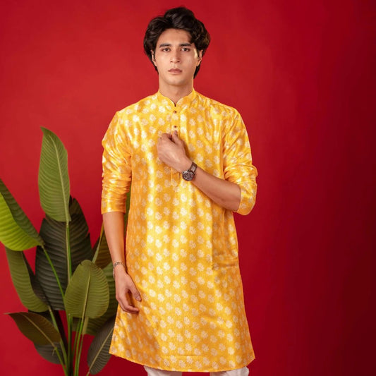 Suutraa Men's Yellow Printed Jaquard Kurta With Off White Pyjama Set - suutraa.com