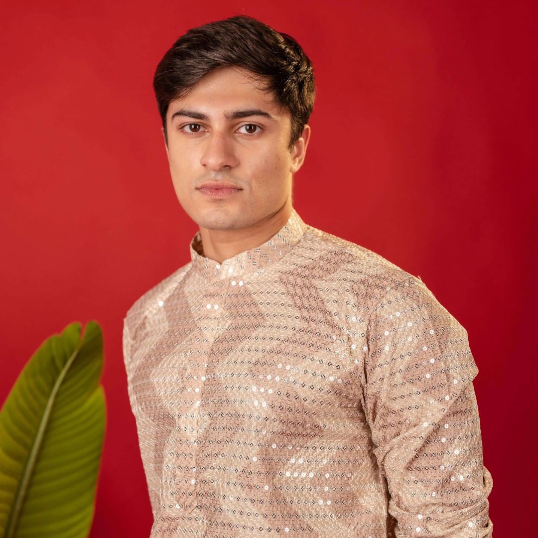 Suutraa Men's Rose Gold All Over Embroided Kurta With Off white Pyjama Set - suutraa.com