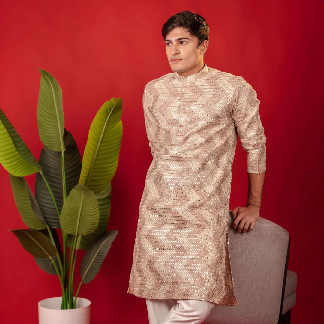 Suutraa Men's Rose Gold All Over Embroided Kurta With Off white Pyjama Set - suutraa.com