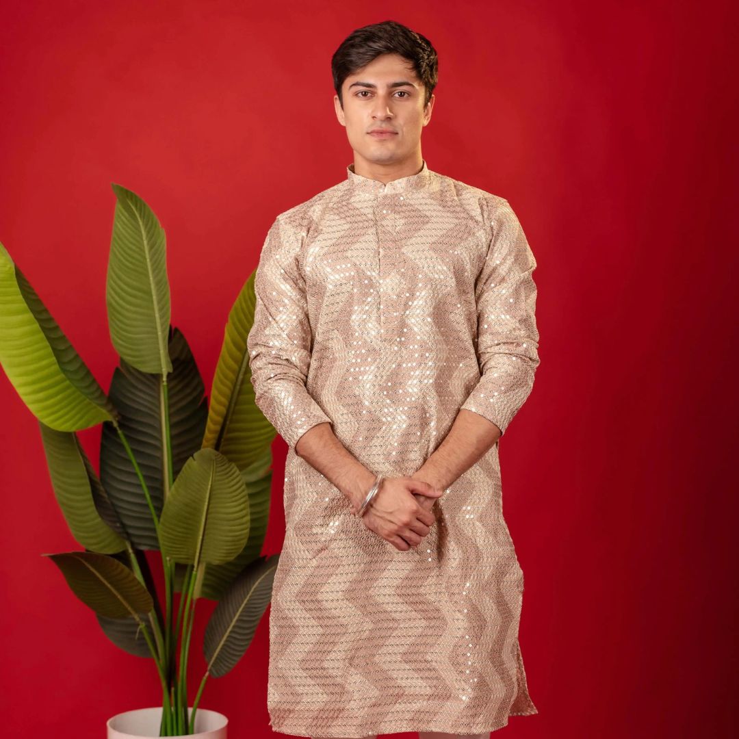 Suutraa Men's Rose Gold All Over Embroided Kurta With Off white Pyjama Set - suutraa.com