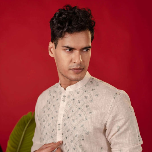 Suutraa Men's Cream Linen Embroided Kurta With Off White Pyjama Set - suutraa.com